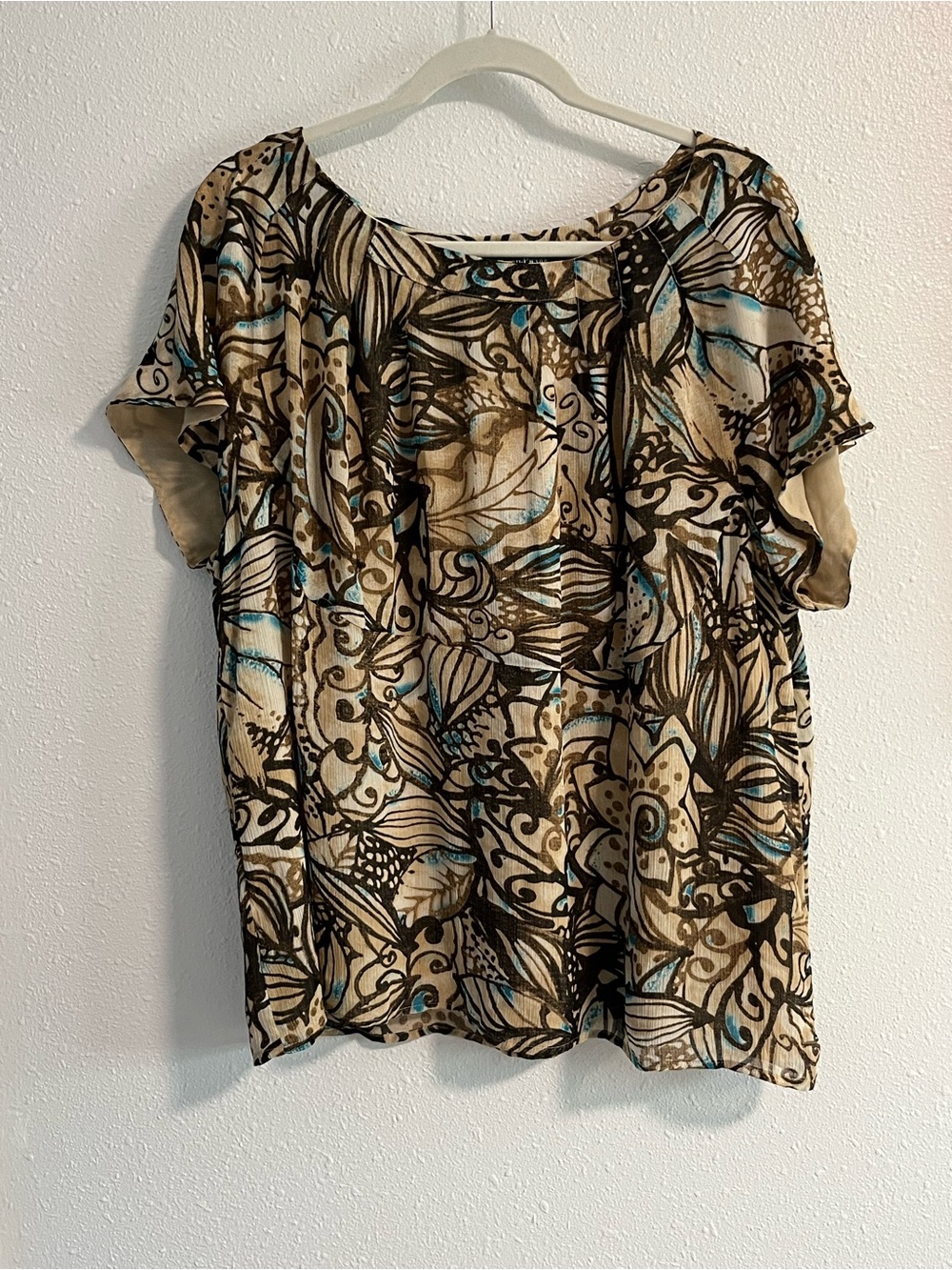 Evan Picone Beige Brown and Teal Short Sleeve Printed Blouse Size 3X